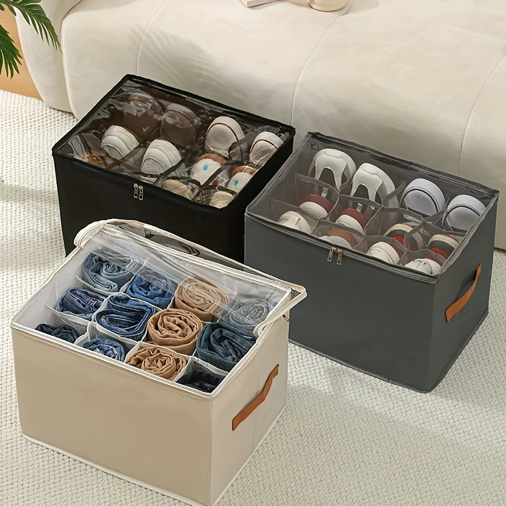 A set of three foldable shoe organizers with dustproof lids storing various shoes and accessories on a light-colored surface.