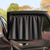 A black universal car side window sunshade is shown installed in a vehicle interior.