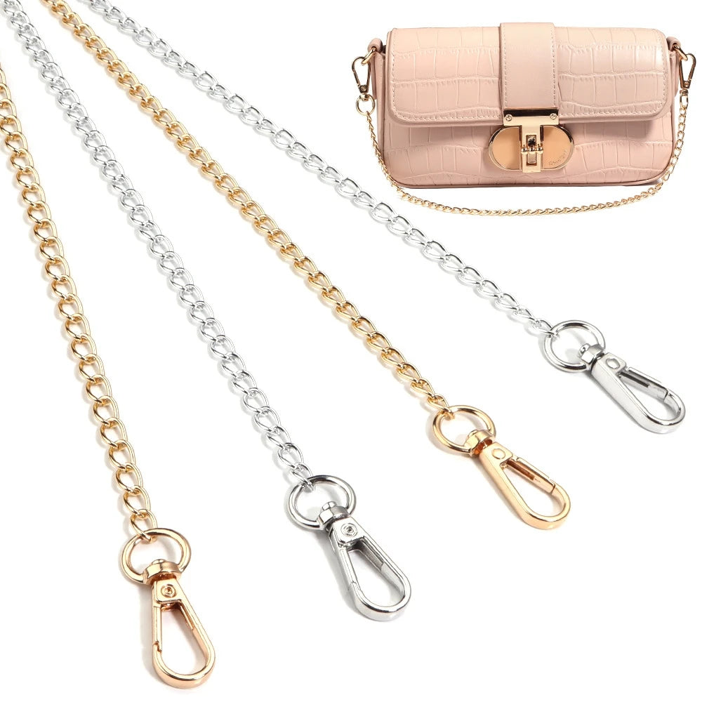 A collection of versatile metal chain straps and a pink quilted leather bag with gold hardware.