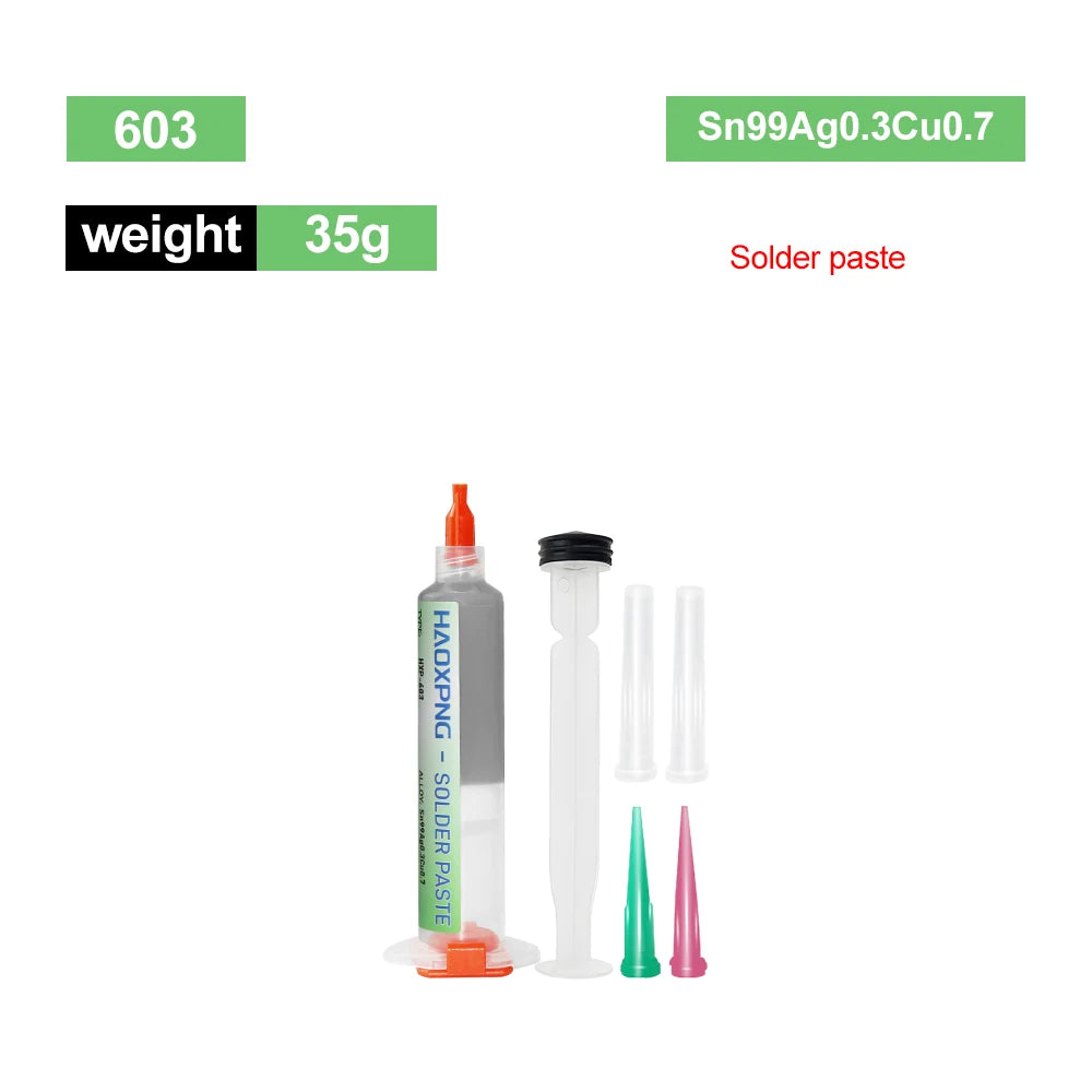 A glass bottle of Sn99Ag0.3Cu0.7 solder paste and several dispensing needles for electronics repair