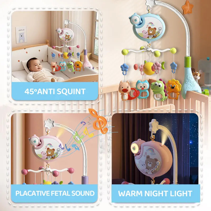 Musical baby crib mobile with night light projector and soothing sounds featuring a pacifier and soft lighting