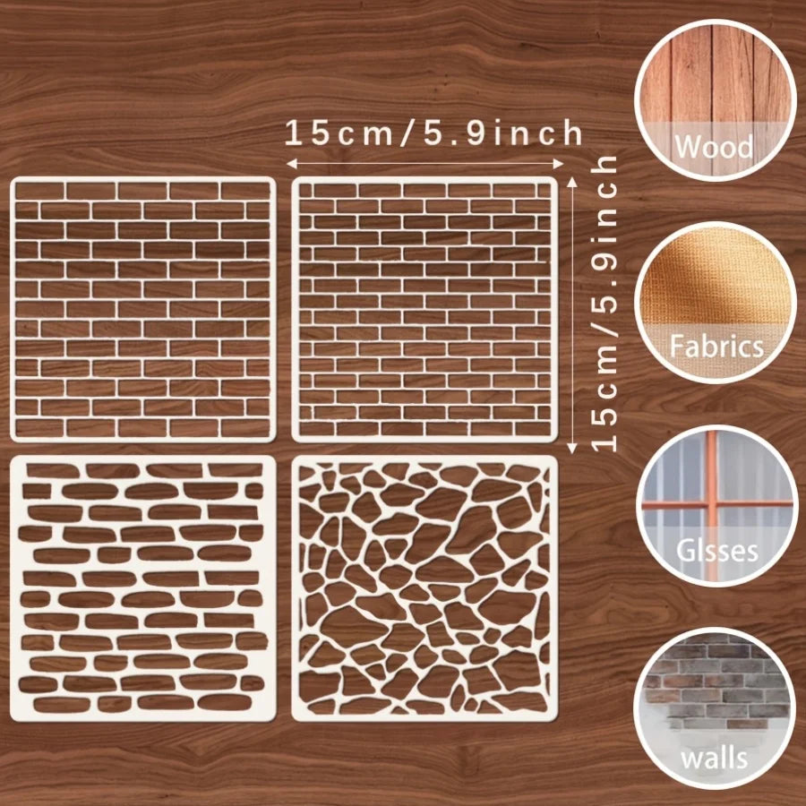A set of reusable wall stencils for DIY projects, including brick, fabric, glass, and wall patterns.