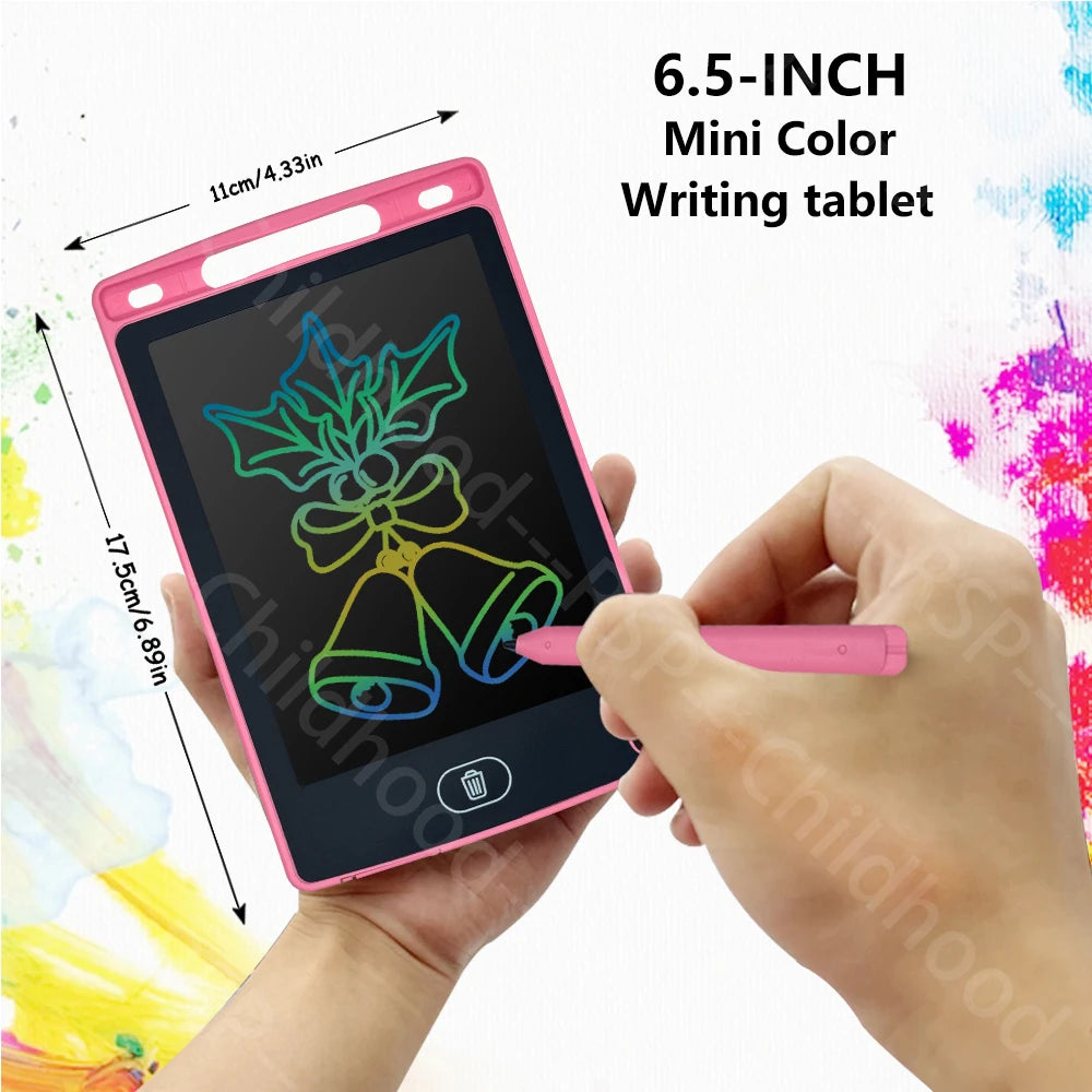 A hand holds a pink 6.5-inch mini color writing tablet displaying a drawing on the screen.