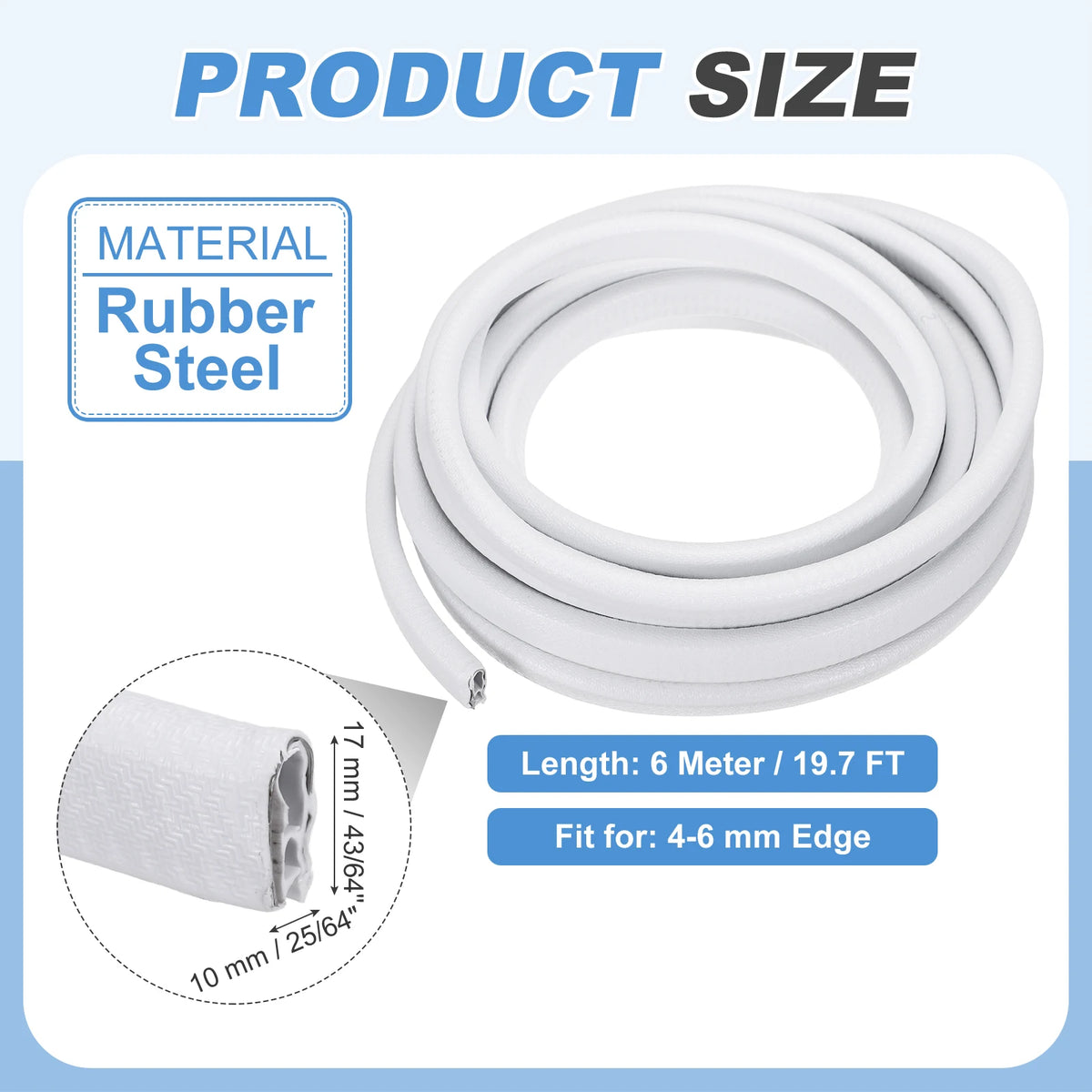 White rubber steel flexible trim with a U-channel edge protector for 4-6 mm edges.