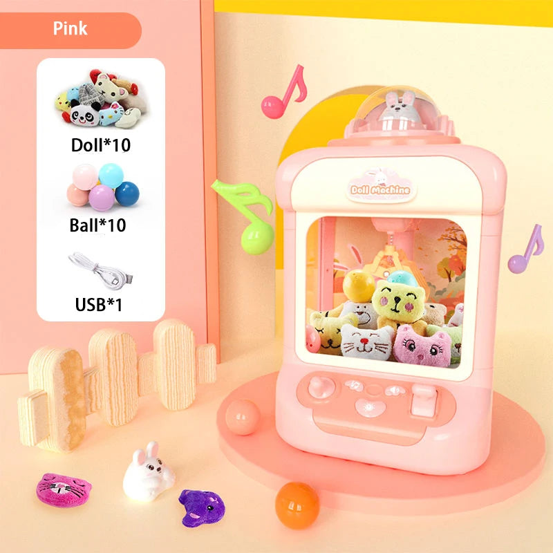 Pink Doll Machine for Kids featuring dolls, balls, and USB, with accessories like a rabbit and purple items.