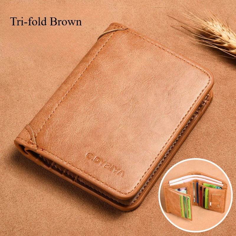 A brown tri-fold leather card holder wallet shown on a tan background.