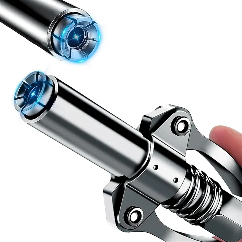 Close-up view of a heavy-duty grease gun coupler with a bright blue light visible at the tip.