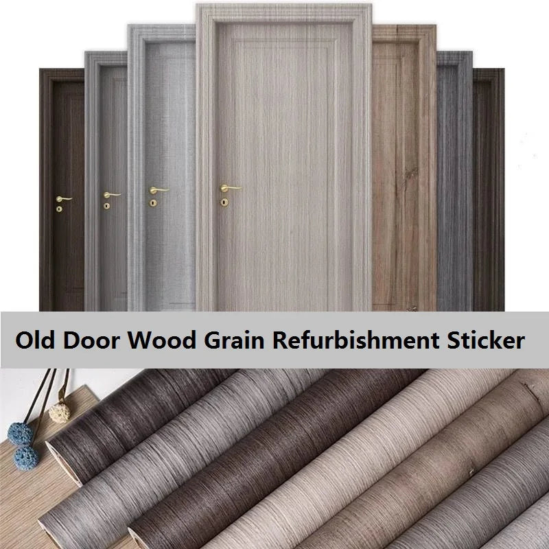 A collection of wood grain refurbishment stickers in various shades of grey and brown for doors and furniture.