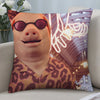 A novelty throw pillow featuring a cartoon pig character wearing sunglasses and a leopard print shirt.