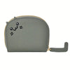 A grey cartoon cat-shaped PU leather card wallet with gold stitching and a leather strap.