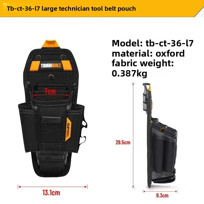 Black oxford fabric tool belt pouch with multiple pockets shown from the side and top view.