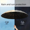 A black umbrella is shown protecting a hand from rain and sun, illustrating its protection features.