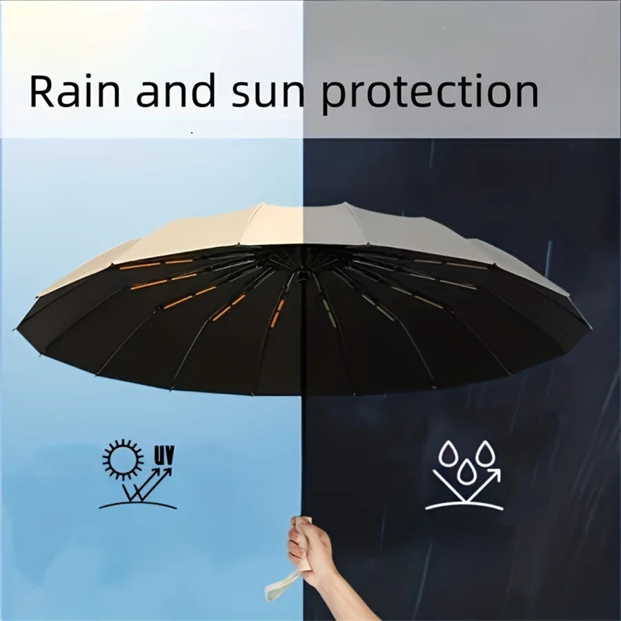 A black umbrella is shown protecting a hand from rain and sun, illustrating its protection features.
