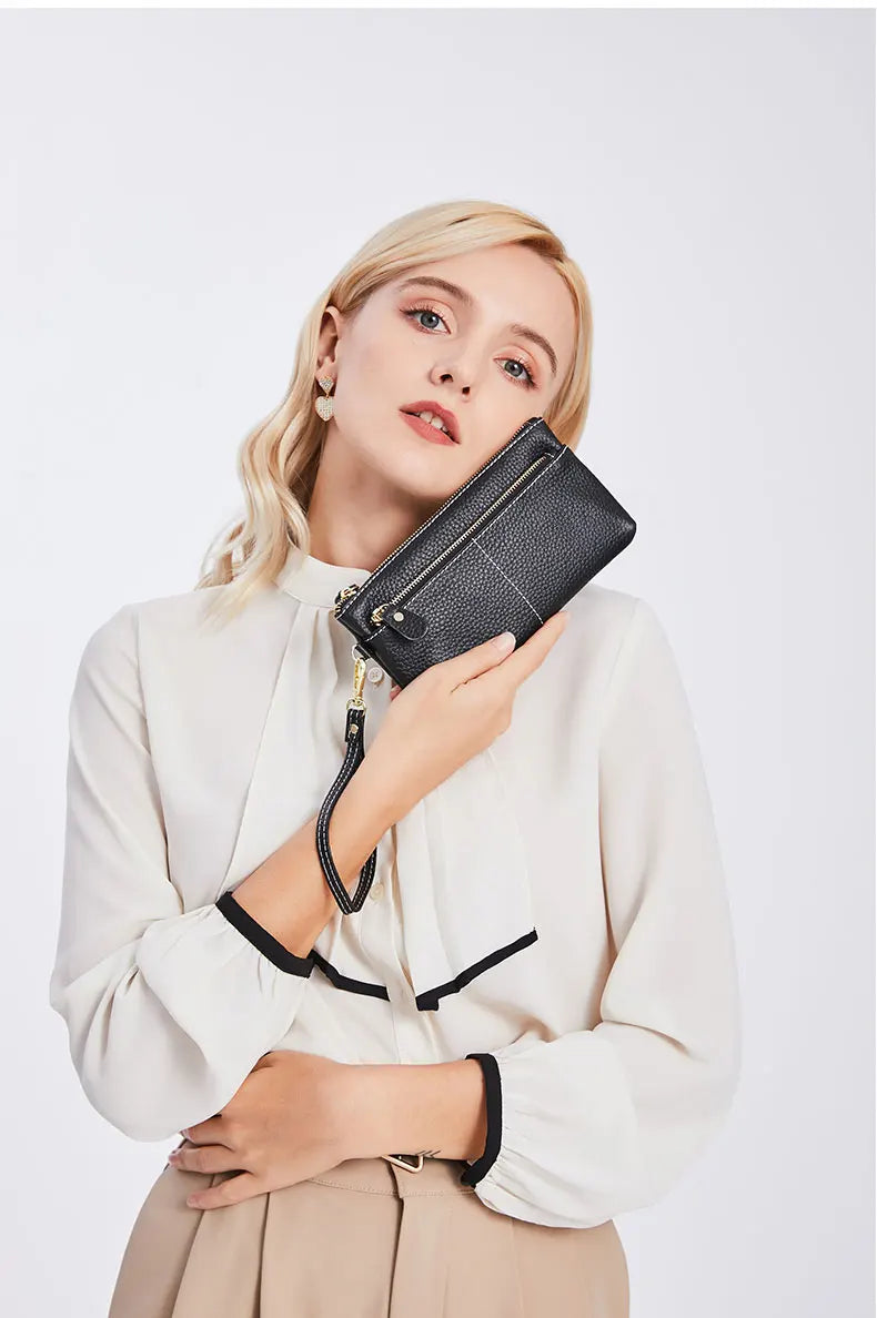 Genuine Cowhide Leather Long Wallet with Zipper Closure