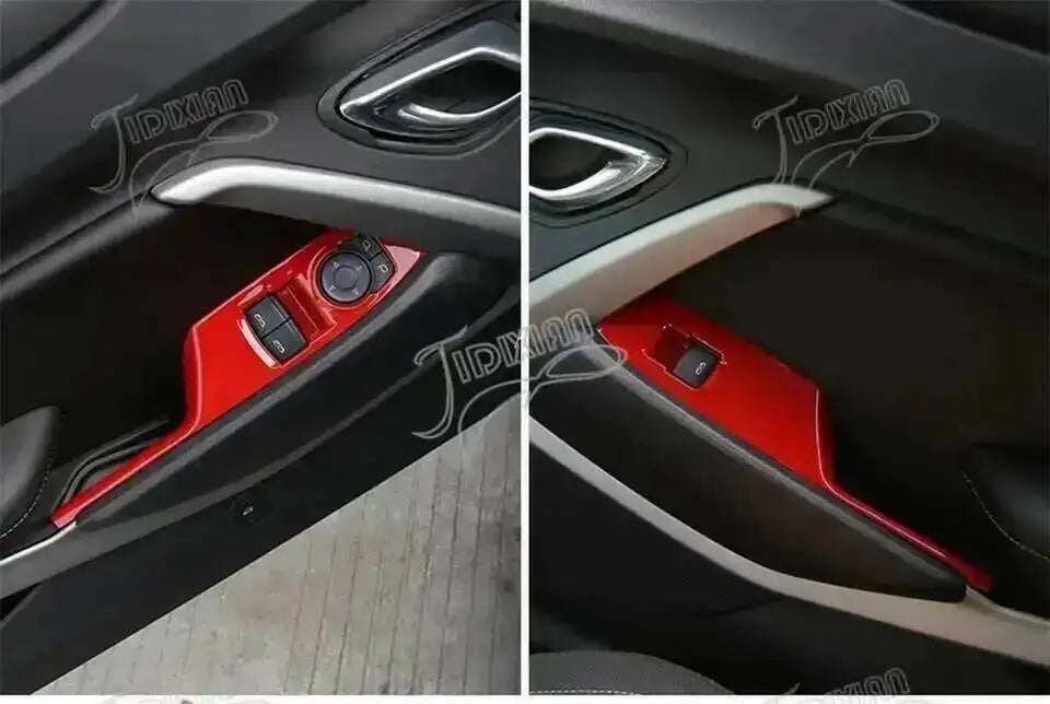 Close-up view of red interior and exterior trim components for a Chevrolet Camaro vehicle.