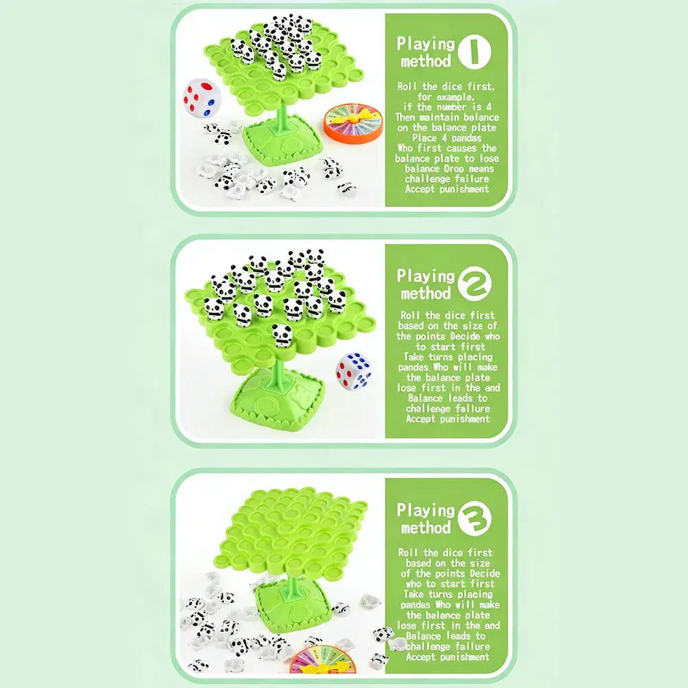 Three playing methods for a Capybara Balance Tree stacking game showing dice rolls and balance plates