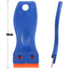 Blue plastic razor scraper with a handle and orange blade visible on a white background.