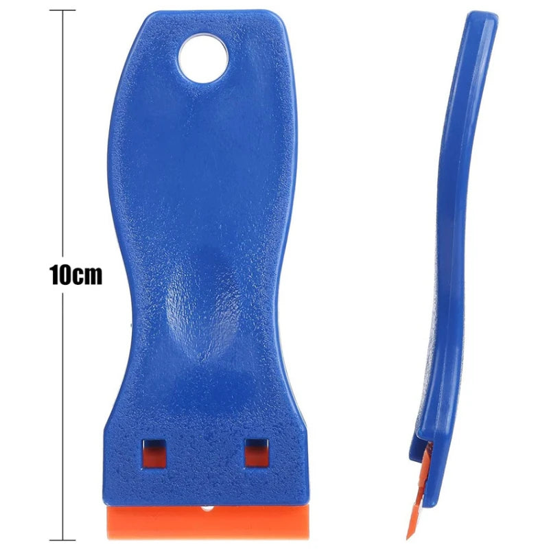 Blue plastic razor scraper with a handle and orange blade visible on a white background.