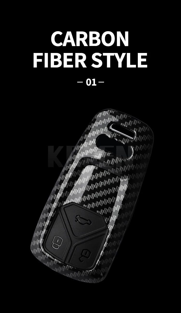 A black carbon fiber style key fob cover for an Audi vehicle.