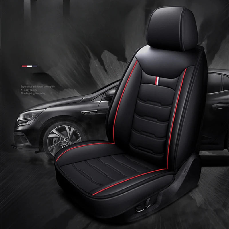 A black PU leather car seat cover protector for a single front seat, shown in a dark interior setting.