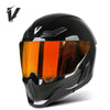 A black full-face motorcycle helmet with an orange tinted visor and ventilation details.