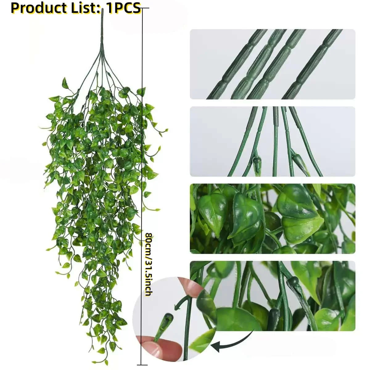 A long, green artificial hanging vine with small leaves is shown against a white background.