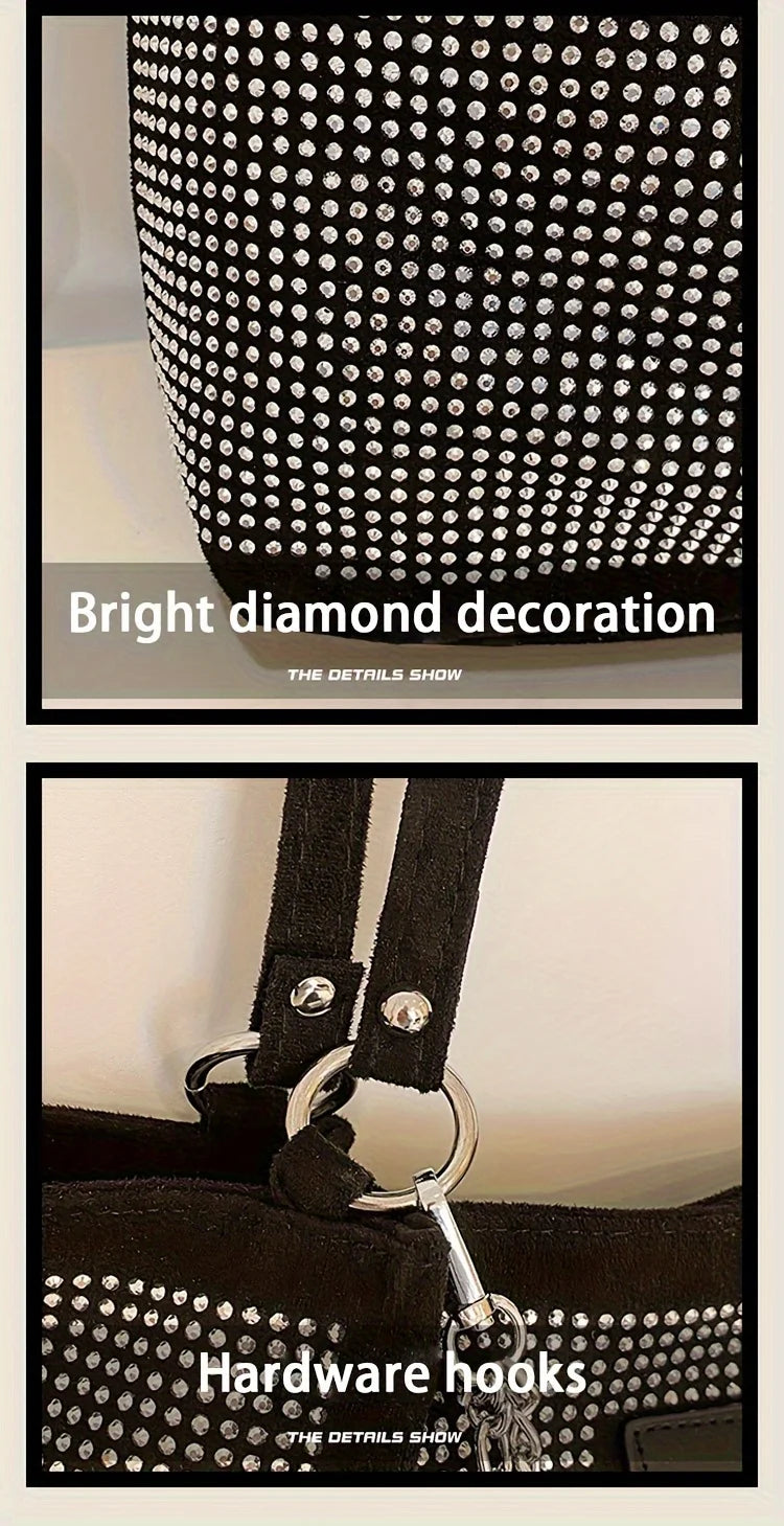 Close-up of a black crystal-embellished chain shoulder bag featuring diamond decoration and hardware hooks.