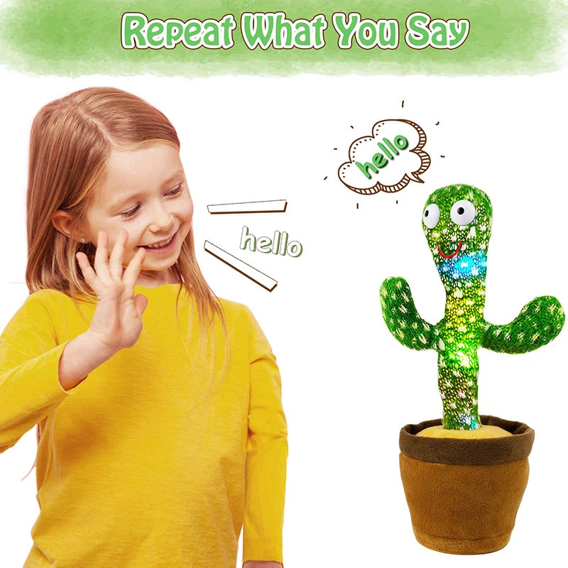 A young girl is demonstrating the phrase hello while a green cactus plush toy repeats the word hello.
