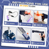 Instructions for using a rechargeable electric water gun, showing six steps including charging, battery connection, and firin