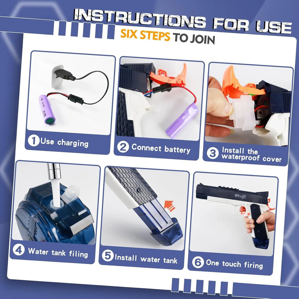 Instructions for using a rechargeable electric water gun, showing six steps including charging, battery connection, and firin