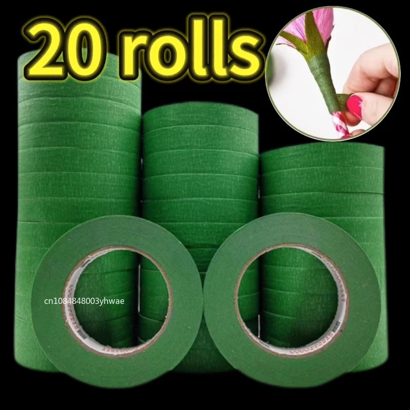 A set of 20 rolls of self-adhesive green floral tape for bouquets and DIY flower arrangements.