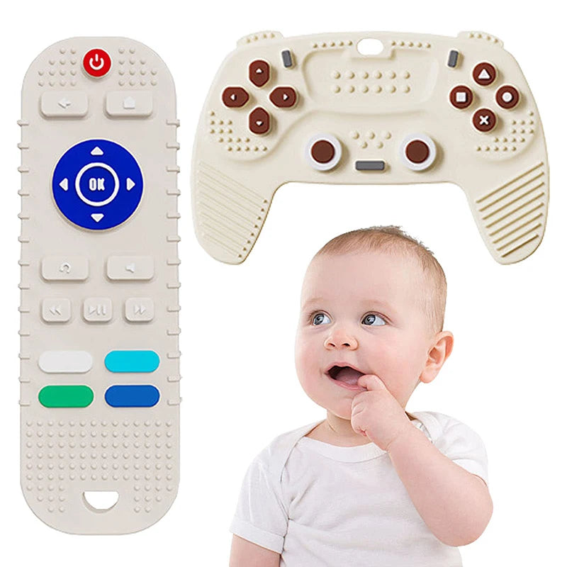 A silicone baby teether remote control toy is shown next to a baby looking at it.