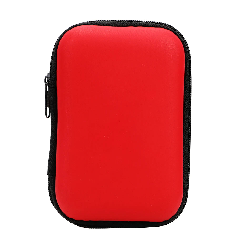 A bright red portable organizer pouch designed for storing electronics cables and accessories.