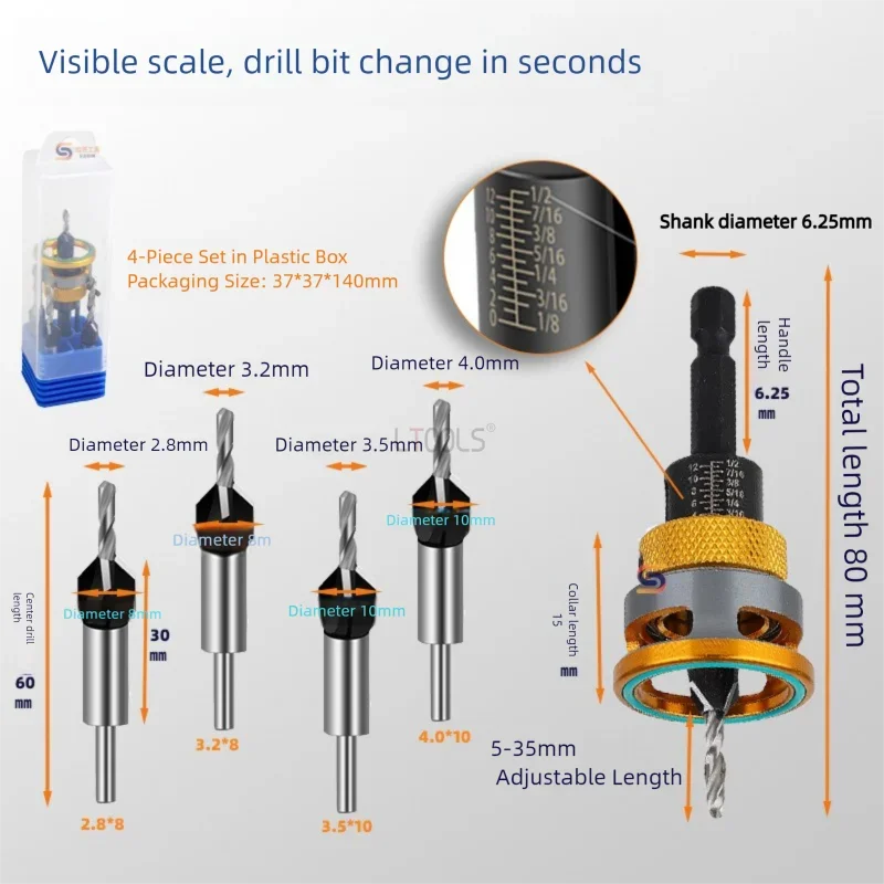 A set of visible scale drill bits with various diameters and an adjustable length handle for drilling tasks.