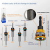 A set of visible scale drill bits with various diameters and an adjustable length handle for drilling tasks.
