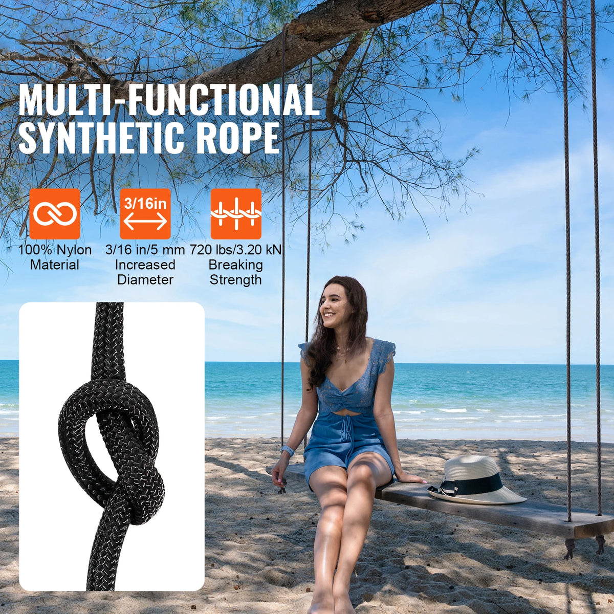 A woman is sitting on a rope swing outdoors, demonstrating a multi-functional synthetic rope.