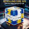 A clear and yellow 3D rolling cube puzzle toy with maze patterns, shown on a dark surface.