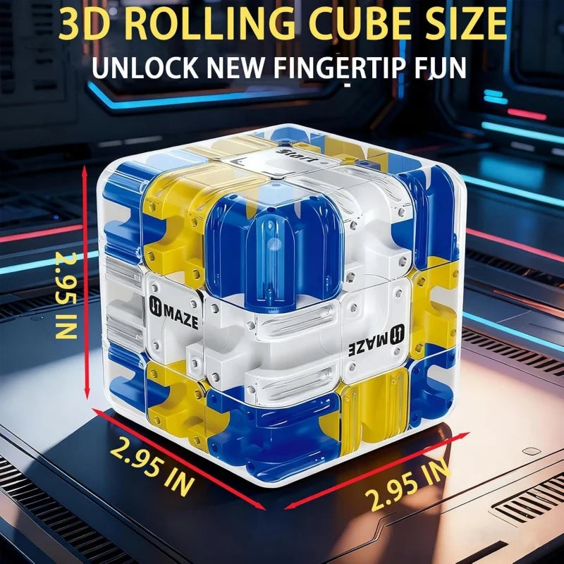 A clear and yellow 3D rolling cube puzzle toy with maze patterns, shown on a dark surface.