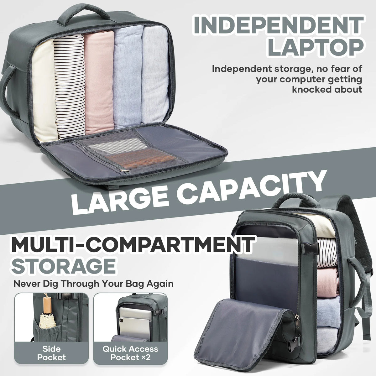 A dark green independent laptop backpack with multiple compartments and a side pocket shown open.