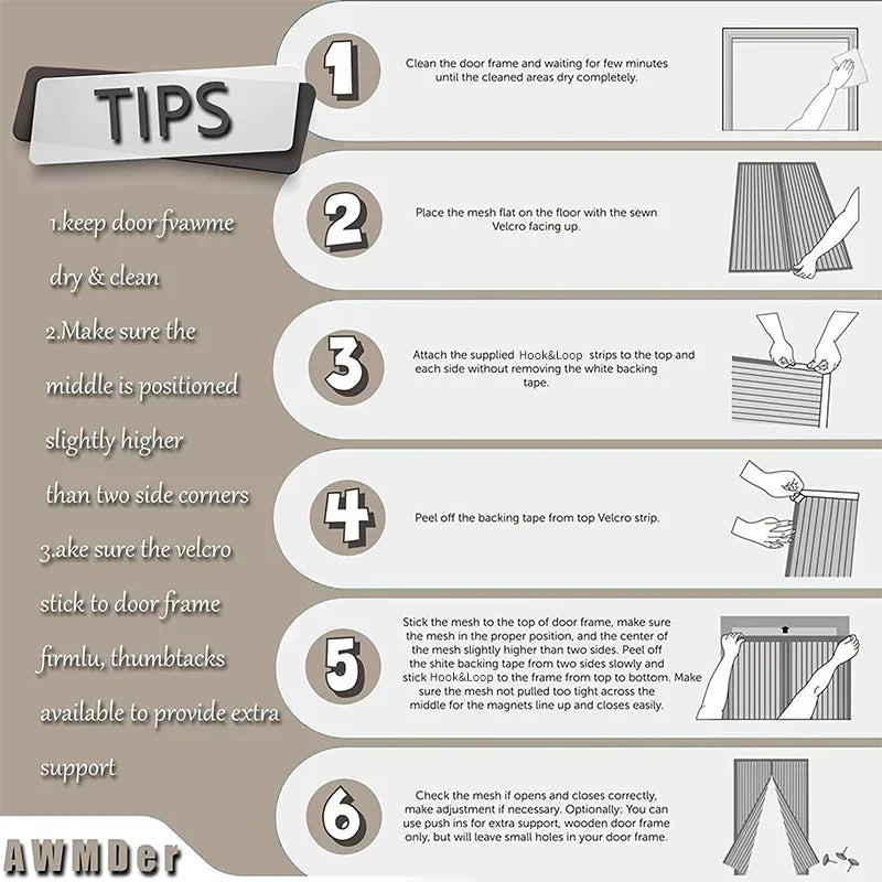 Tips for installing a magnetic mosquito net curtain on a door frame, showing assembly steps and final product.