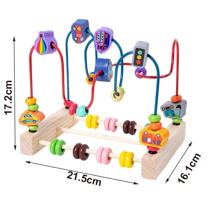 A wooden bead maze toy featuring colorful beads and strings for toddlers.
