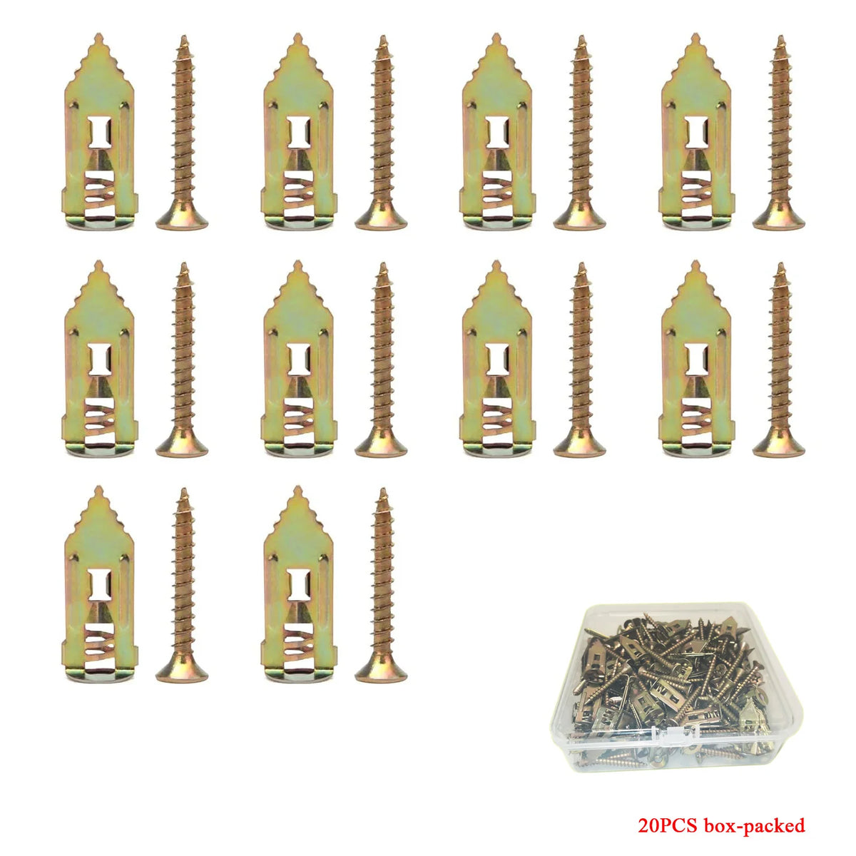 A set of self-drilling drywall anchors and screws in various sizes and finishes, packaged in a box.