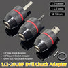 A set of drill chuck adapters including 1/4 hex, 1/2 square socket, and 10mm SDS plus shank adapters.