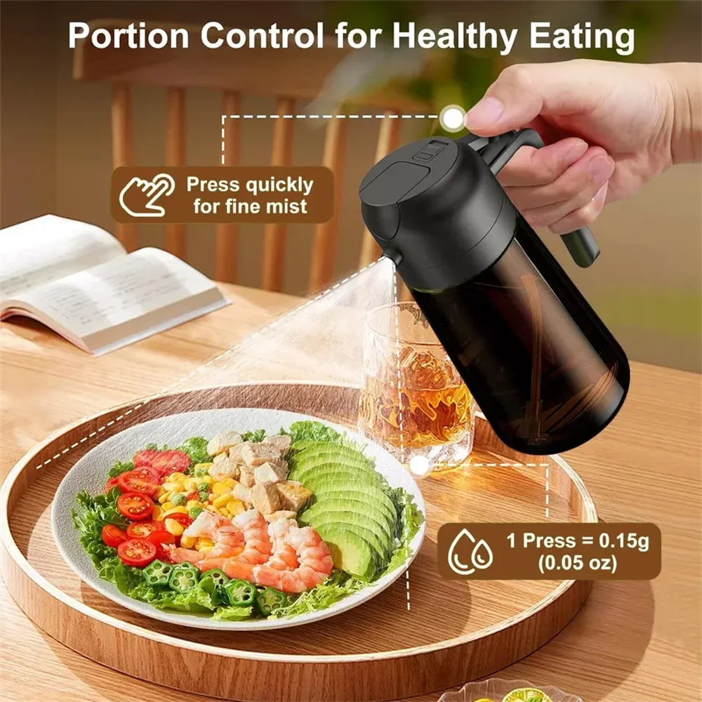 A hand is pressing a black glass oil sprayer for fine mist, demonstrating portion control for healthy eating.