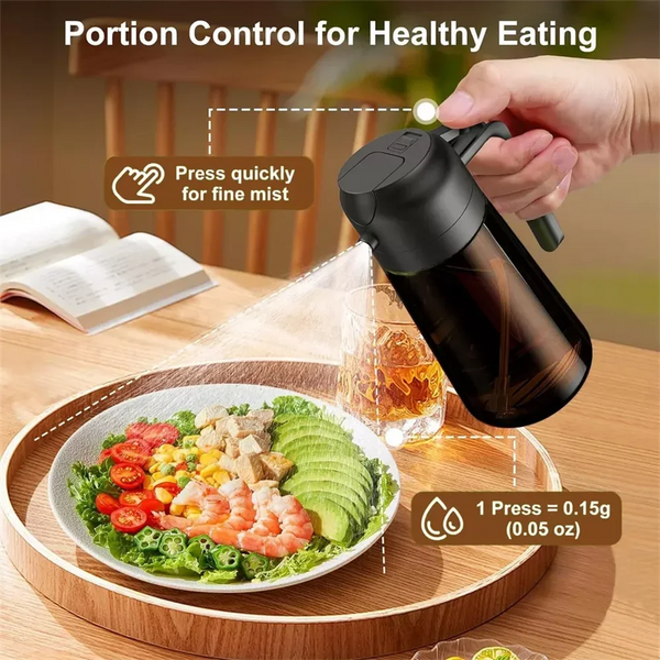 A hand is pressing a black glass oil sprayer for fine mist, demonstrating portion control for healthy eating.