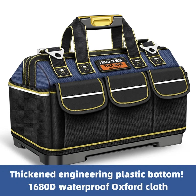 A dark blue tool bag with black accents and a gold handle, featuring a thickened engineering plastic bottom and waterproof Ox