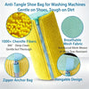 Yellow anti-tangle shoe bag with a mesh fabric and zipper anchor design shown next to cleaning brush details.
