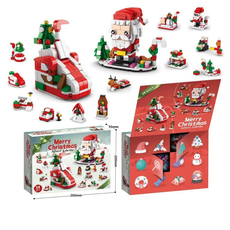 A set of Christmas themed building blocks featuring Santa and festive decorations for an advent calendar.