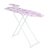 A full-size foldable ironing board with a purple floral cover and white metal frame.