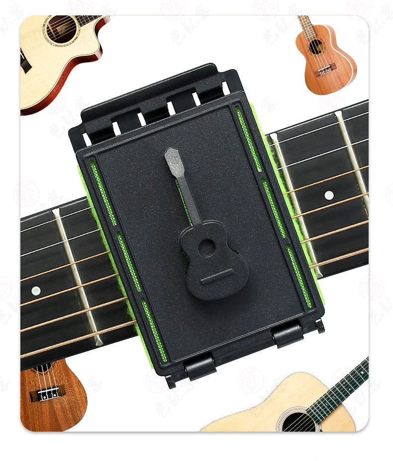 A black guitar fretboard cleaning kit featuring a microfiber cloth and various guitar parts.